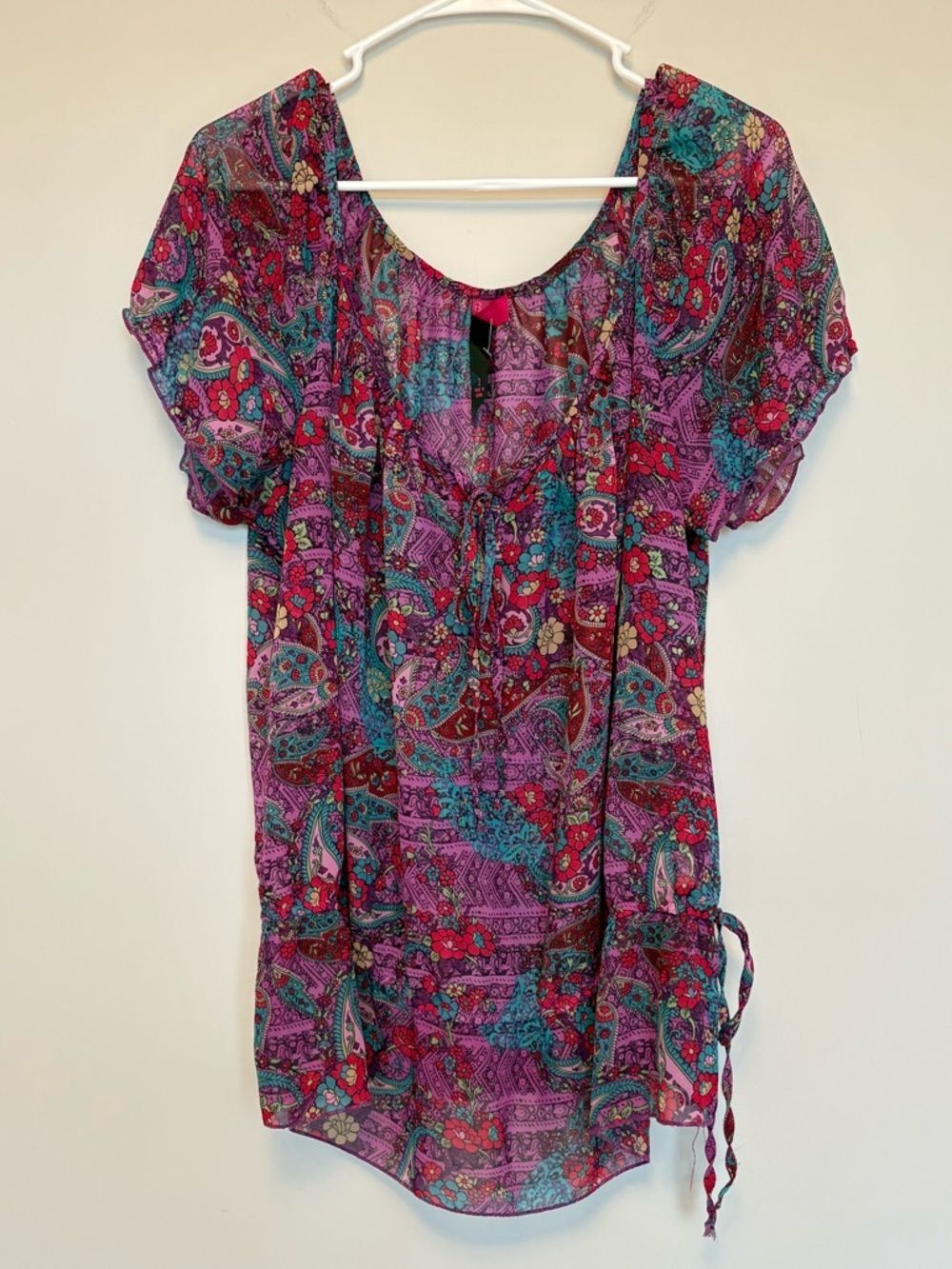 Y2K Pure Energy Paisley Sheer Blouse Pink Blue Short Sleeve Plus 2X